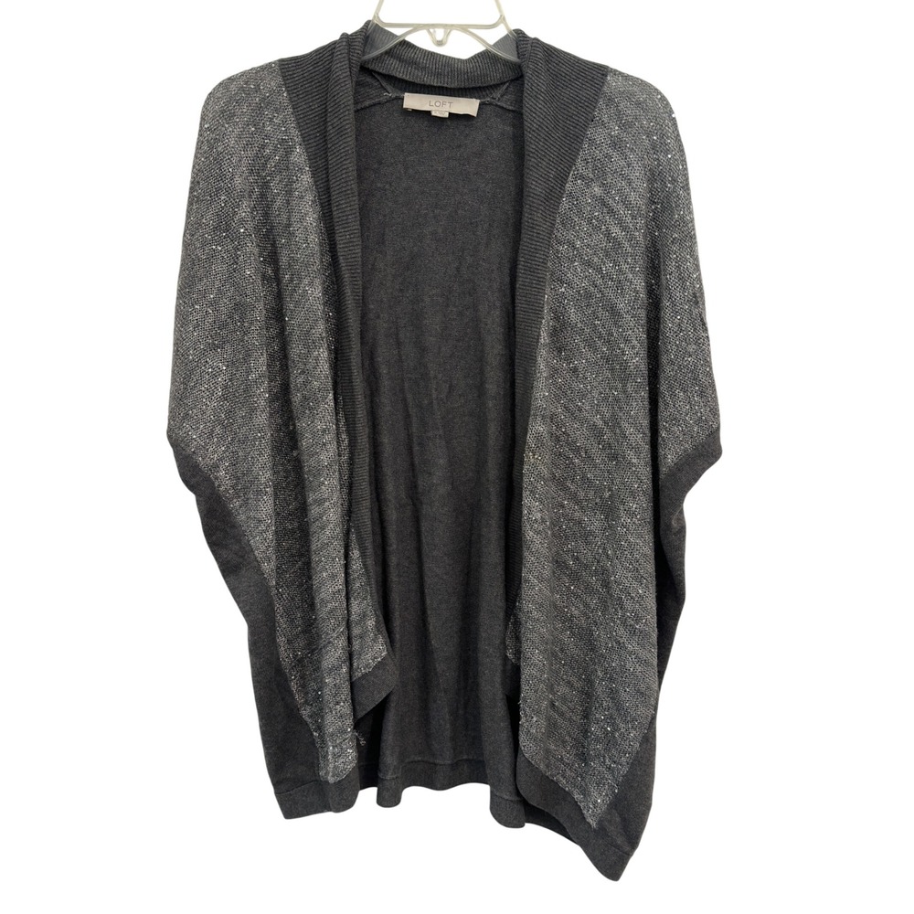 LOFT Cardigan Sweater Gray Sequin Open Front Dolman Cotton Wool Blend Size M